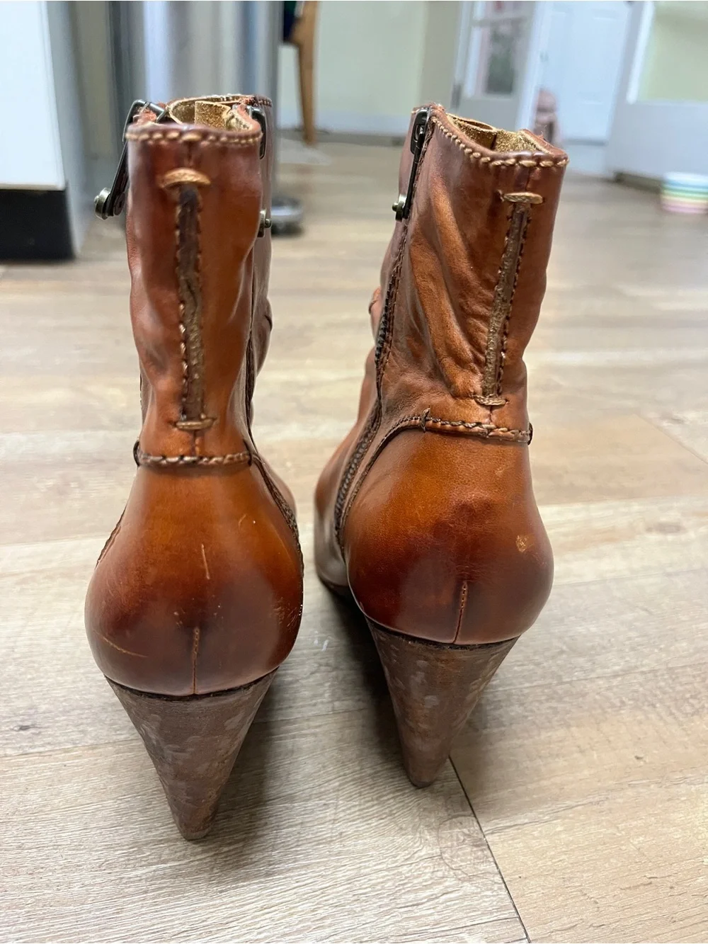 Frye Regina Wedge, Cognac Leather Zip Ankle Boots. 9.5